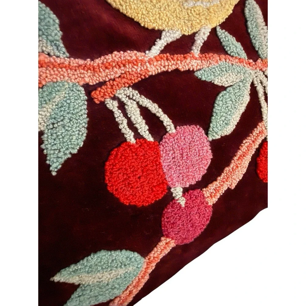 VTG Velvet‎ Folk Art Pillow Punch Needle Embroidered Cherries Bird Cottagecore